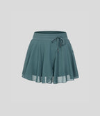 Jupe Casual Évasée Fluide 2 en 1 en Maille Contrastée Taille Haute Cordon de Serrage Poche Latérale