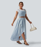Jupe mi-longue décontractée fluide asymétrique taille haute à carreaux aspect lin avec poches