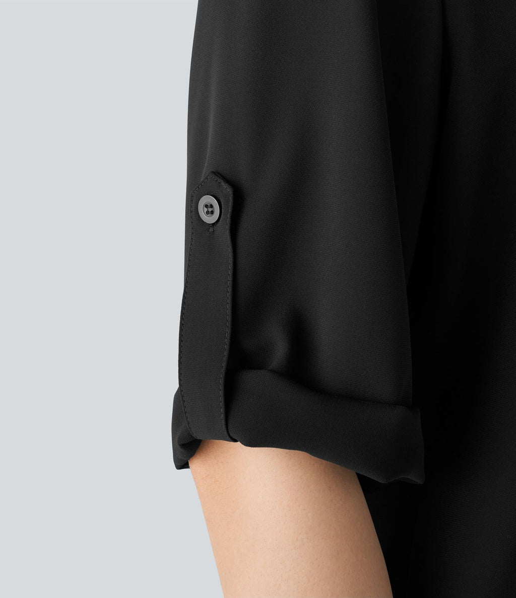 Chemise Travail à Col en V Boutonnée Manches Trois Quarts et Ourlet Courbé