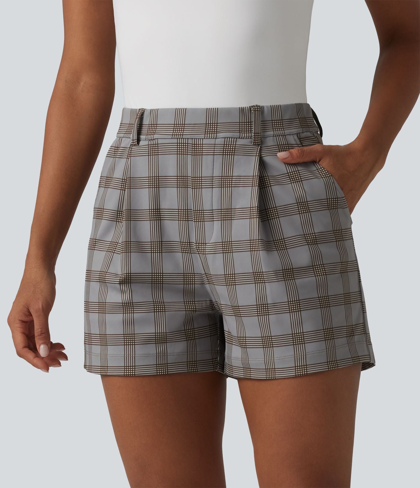 Short tailleur droit à carreaux taille haute avec poches