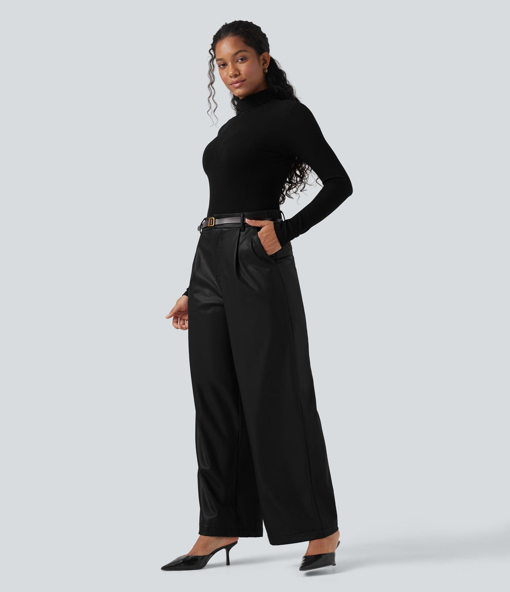 Pantalon large en tissu enduit molleton taille haute avec poches