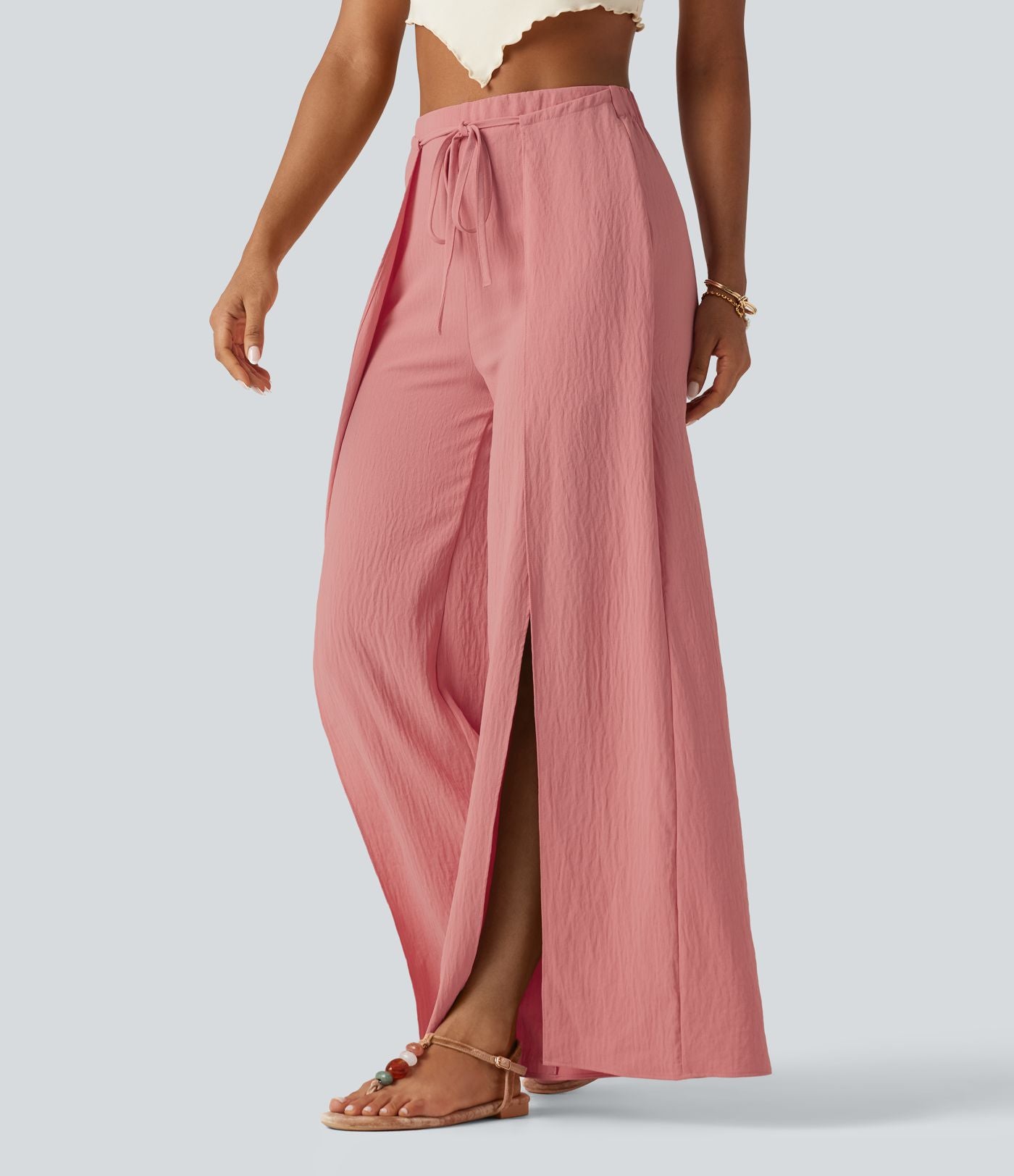 Pantalon ample fluide effet lin taille haute avec laçage