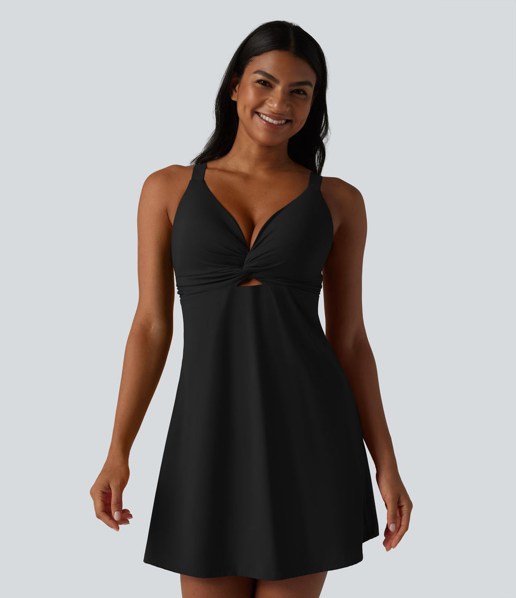 SoftlyZero™ Plush Robe sport de danse push-up à bretelles torsadées ajustables, coussinets intégrés non amovibles bonnets E-G avec poches – Easy Peasy
