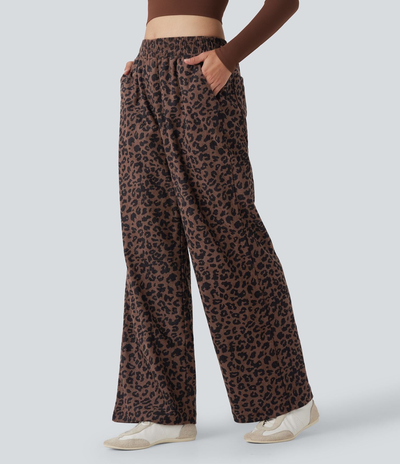 Pantalon léopard ample décontracté velours côtelé imprimé taille haute avec poches