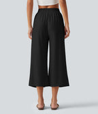 Pantalon large court taille haute en lin mélangé avec cordon de serrage et poches