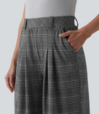 Pantalon large taille haute à carreaux pied-de-poule avec poches