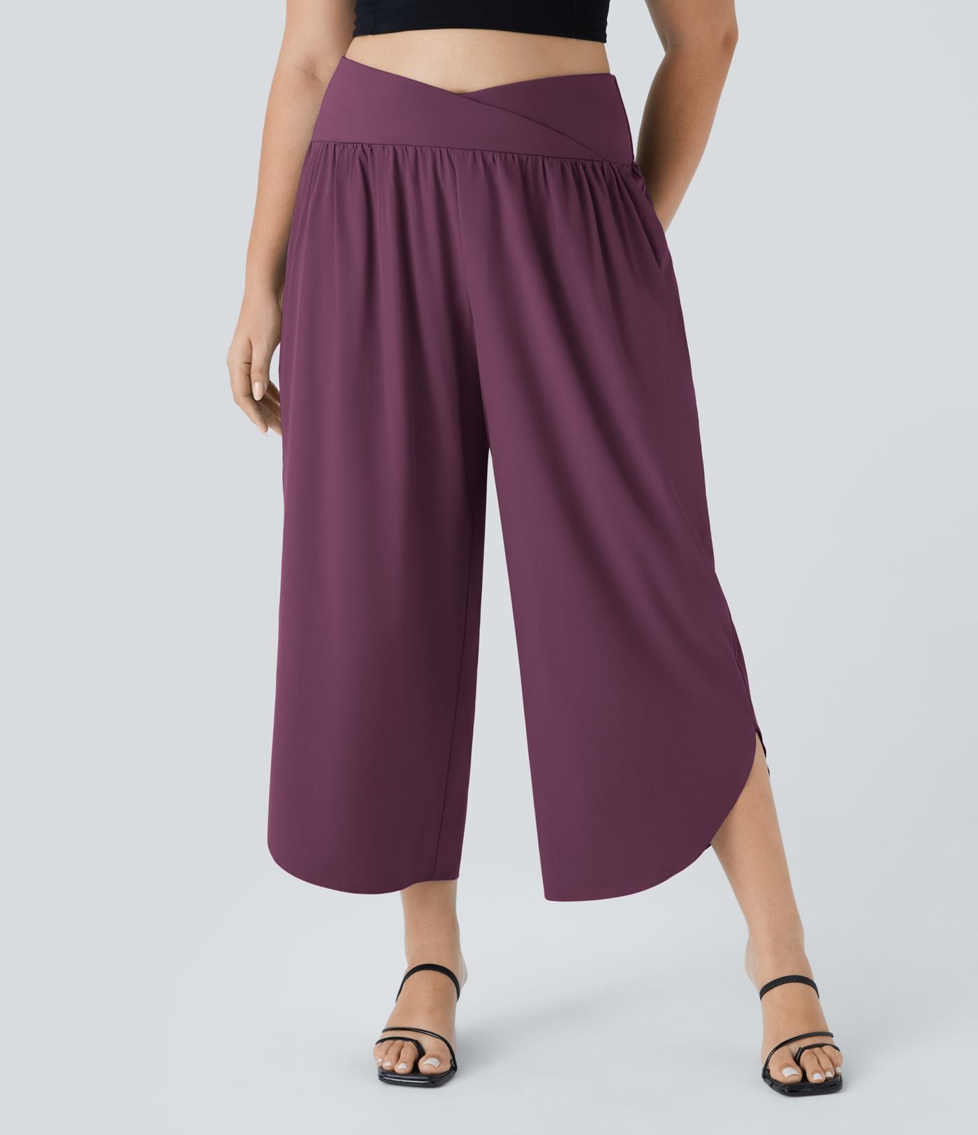 Breezeful™ Pantalon de Vacances Grande Taille Taille Haute avec Découpe Croisée Plissé Poche Latérale Fente et Séchage Rapide