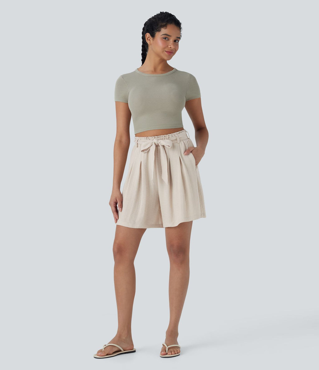 Bermuda décontracté taille haute effet lin avec ceinture et poches latérales