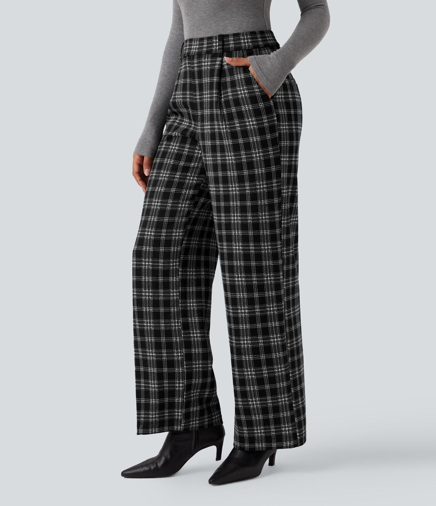 Pantalon tailleur droit Halara Flex™ taille haute pied-de-poule à carreaux avec poches
