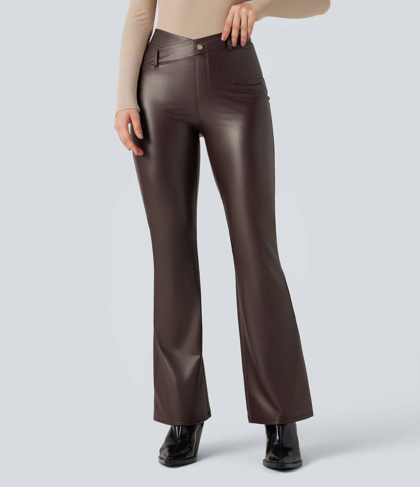 Pantalon évasé asymétrique polaire PU gainant extensible taille haute avec poches