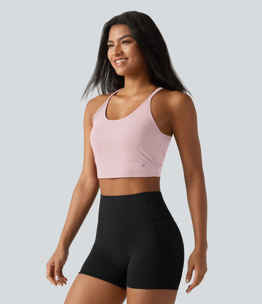 Débardeur de yoga SoftlyZero™ en peluche douce, dos torsadé découpé, col en U et soutien-gorge intégré