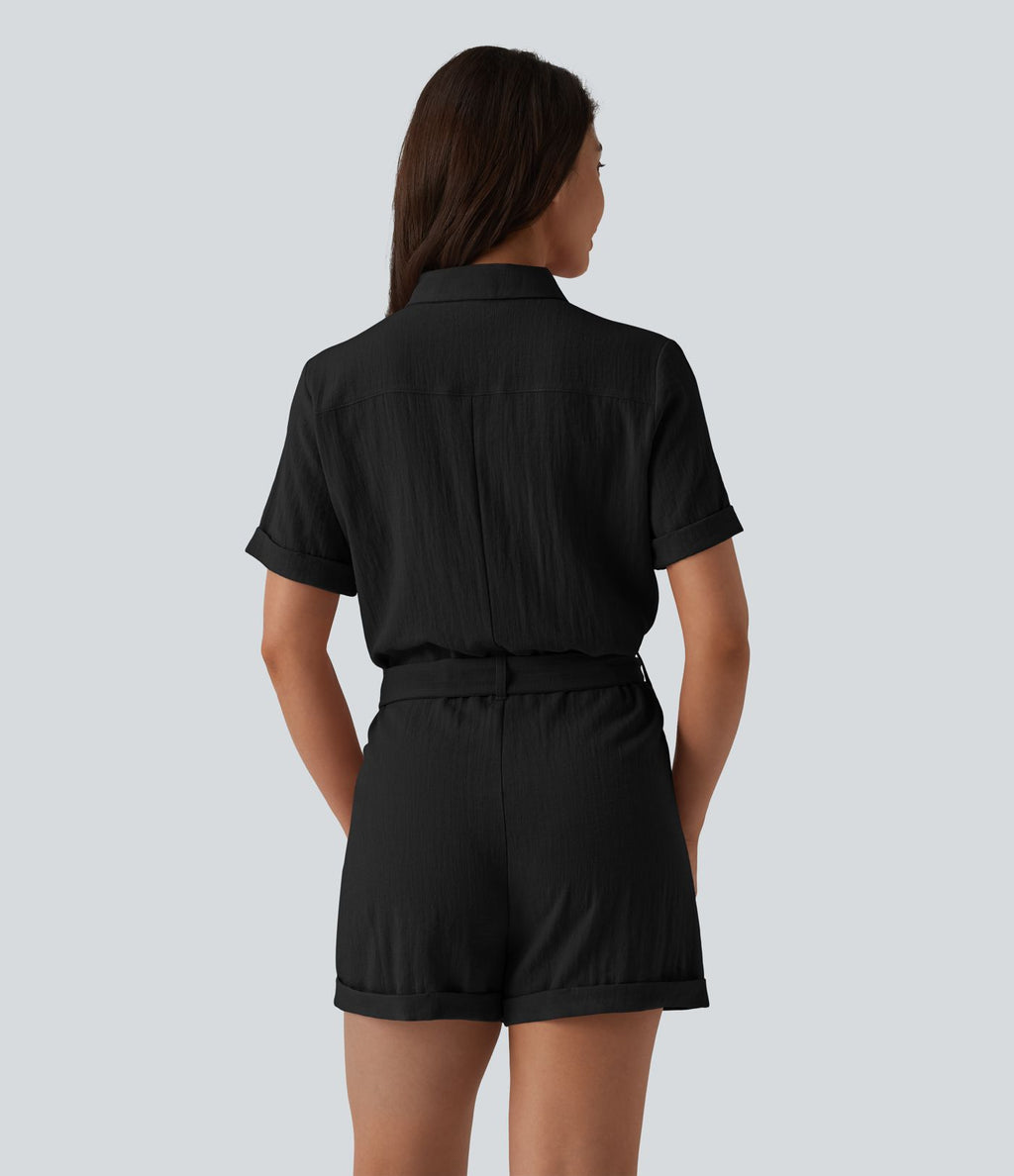 Combishort chemise manches courtes effet lin, avec ceinture et poche