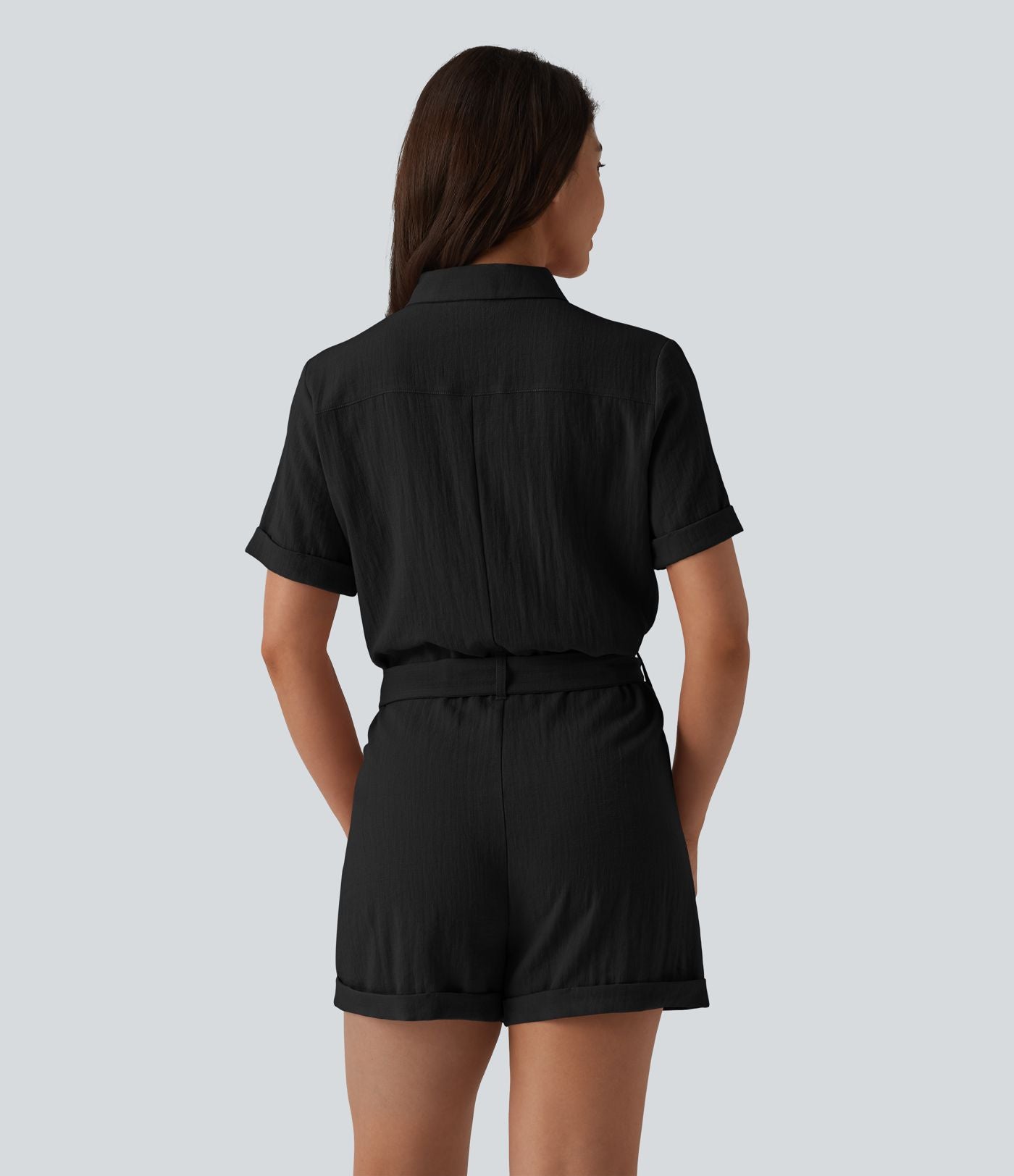 Combishort chemise manches courtes effet lin, avec ceinture et poche