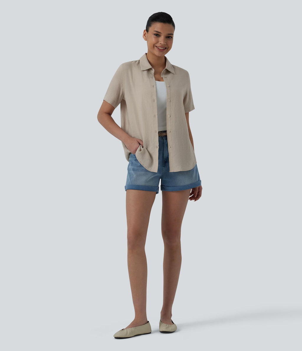Chemise décontractée à manches courtes avec col et ourlet arrondi, aspect lin
