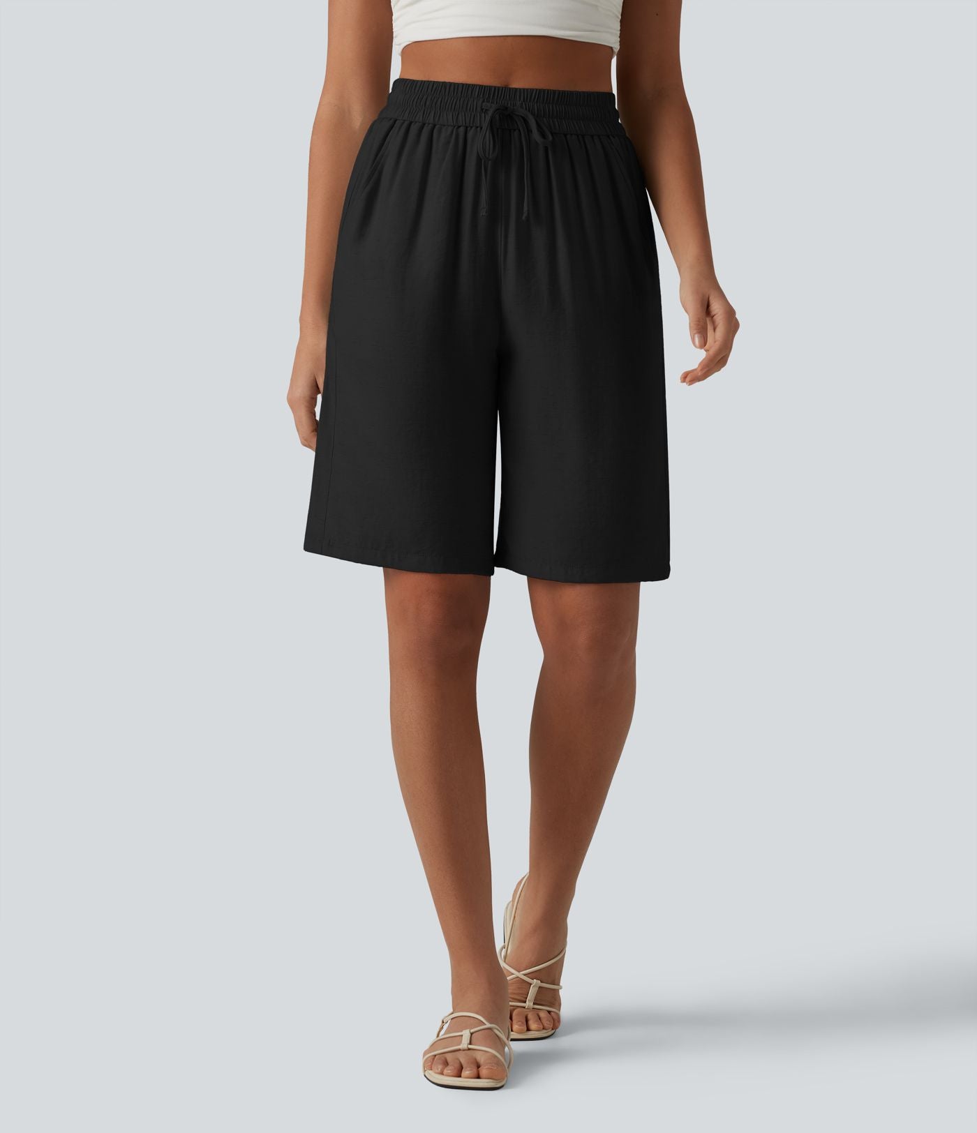 Short décontracté taille haute en lin mélangé avec cordon de serrage et poches, 25 cm