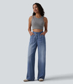 Jean large décontracté asymétrique en lyocell taille mi-haute drapé avec poches