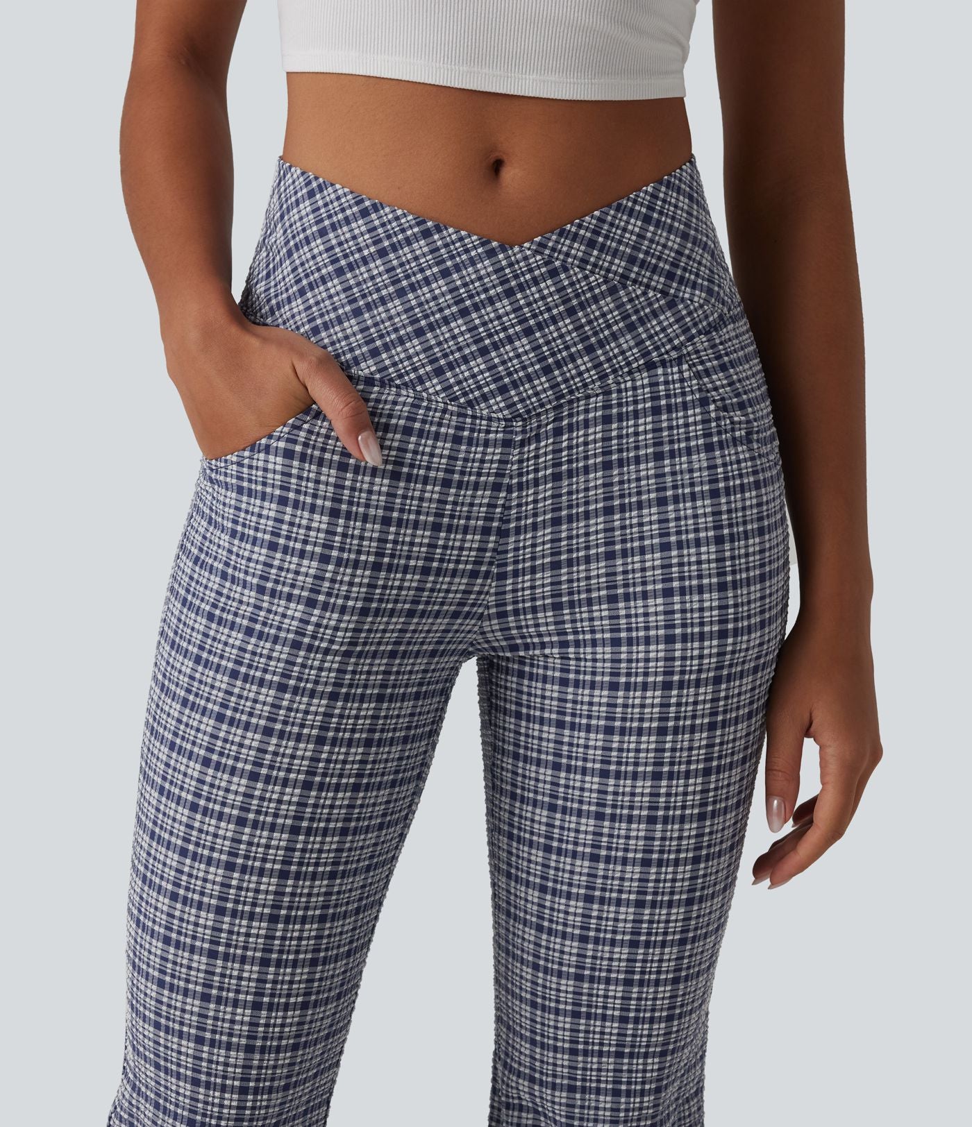 Pantalon évasé taille haute croisée ventre plat à carreaux en tissu froissé séchage rapide avec poches