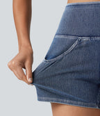 Short en jean rayé taille haute Halara Flex™ avec ourlet arrondi et poches