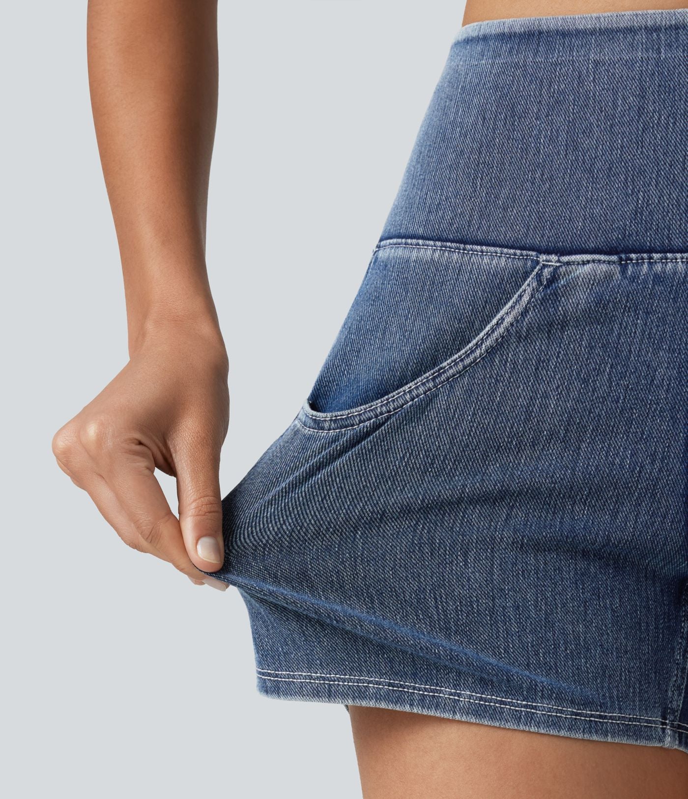 Short en jean rayé taille haute Halara Flex™ avec ourlet arrondi et poches