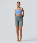 Bermuda décontracté en jean extensible délavé Halara Flex™ taille haute avec revers et multiples poches