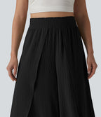 Pantalon large fluide décontracté taille haute aspect lin
