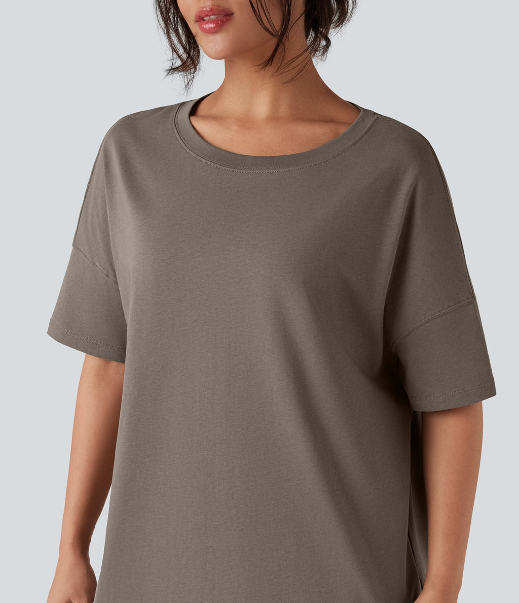 T-shirt coton oversize col rond manches mi-longues
