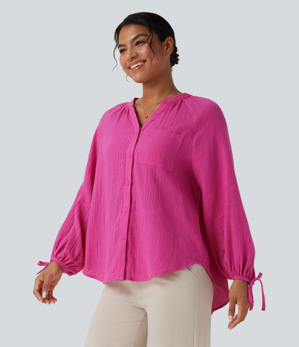 Chemise décontractée coton col V manches longues avec laçage et poche