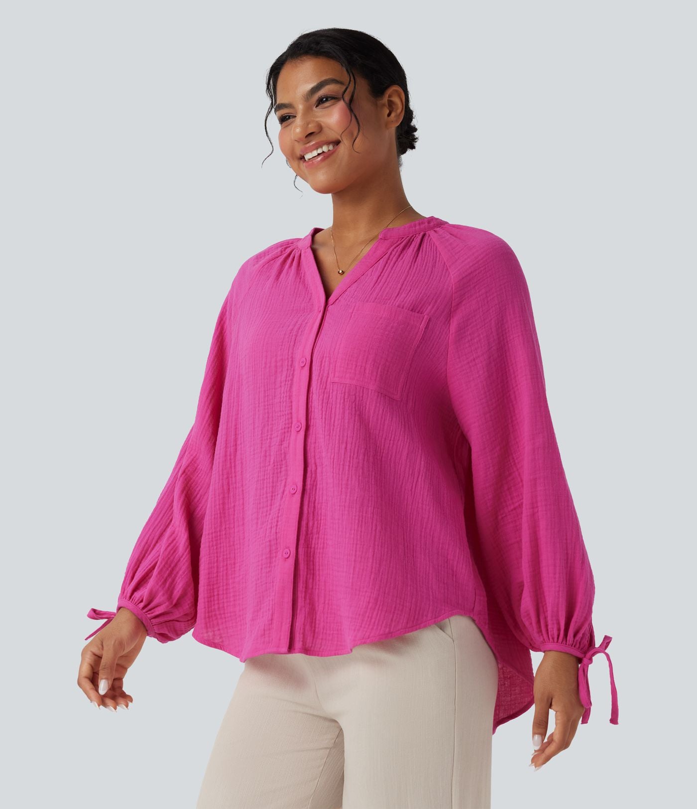 Chemise décontractée coton col V manches longues avec laçage et poche