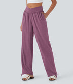 Pantalon de jogging décontracté à taille haute croisée avec poches latérales et cordon de serrage