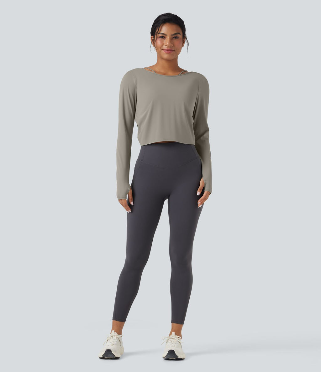 Top de sport yoga SoftlyZero™ QuickDry 2-en-1 dos nu torsadé manches longues avec trous pouces