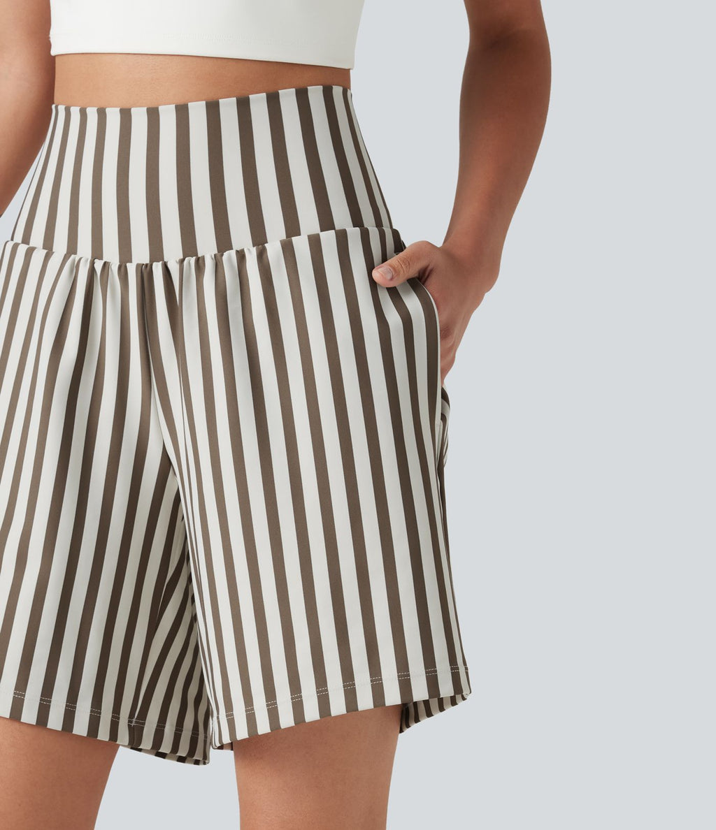 Short ample de yoga 2 en 1 taille haute à rayures, 17,5 cm (7 pouces), avec poches