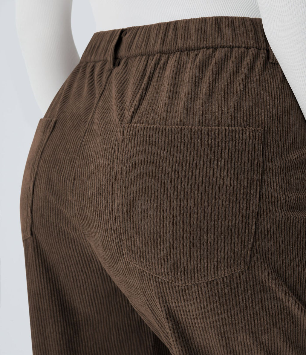Pantalon décontracté en velours côtelé avec taille mi-haute, boutons et fermeture éclair
