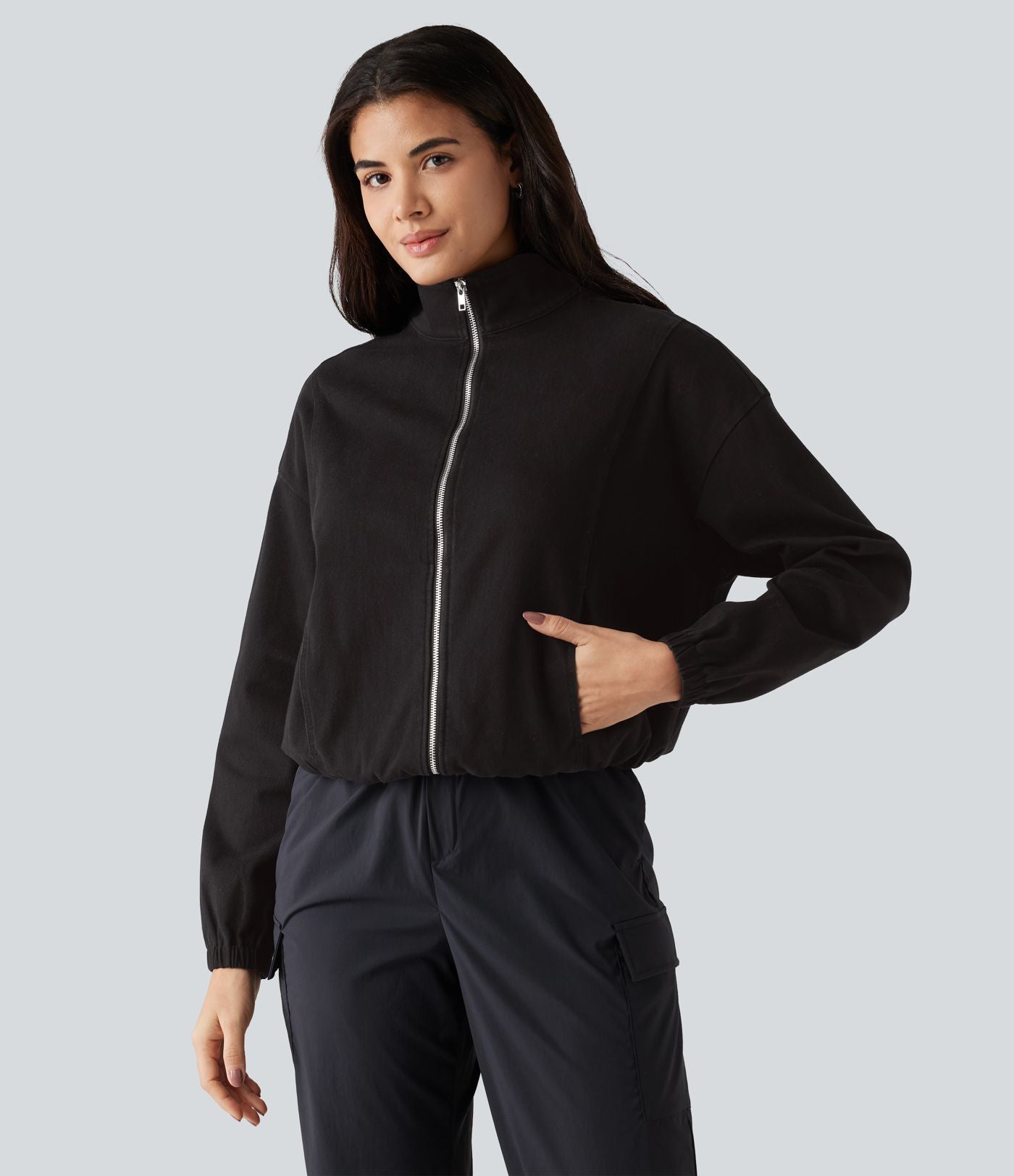 Veste en jean Halara Flex™ à col montant avec manches longues, zip et poches