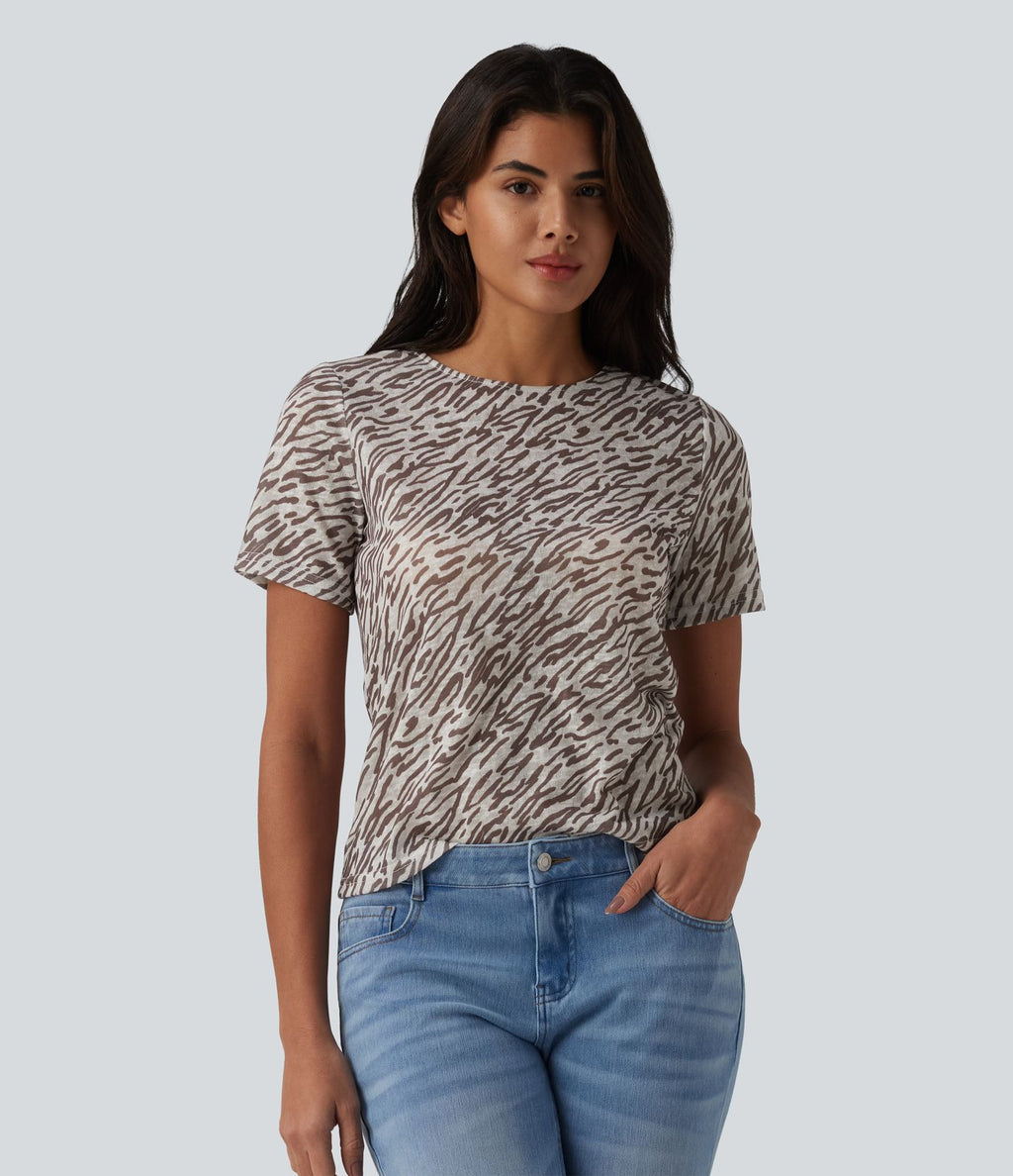 T-shirt casual imprimé zèbre col rond à manches courtes