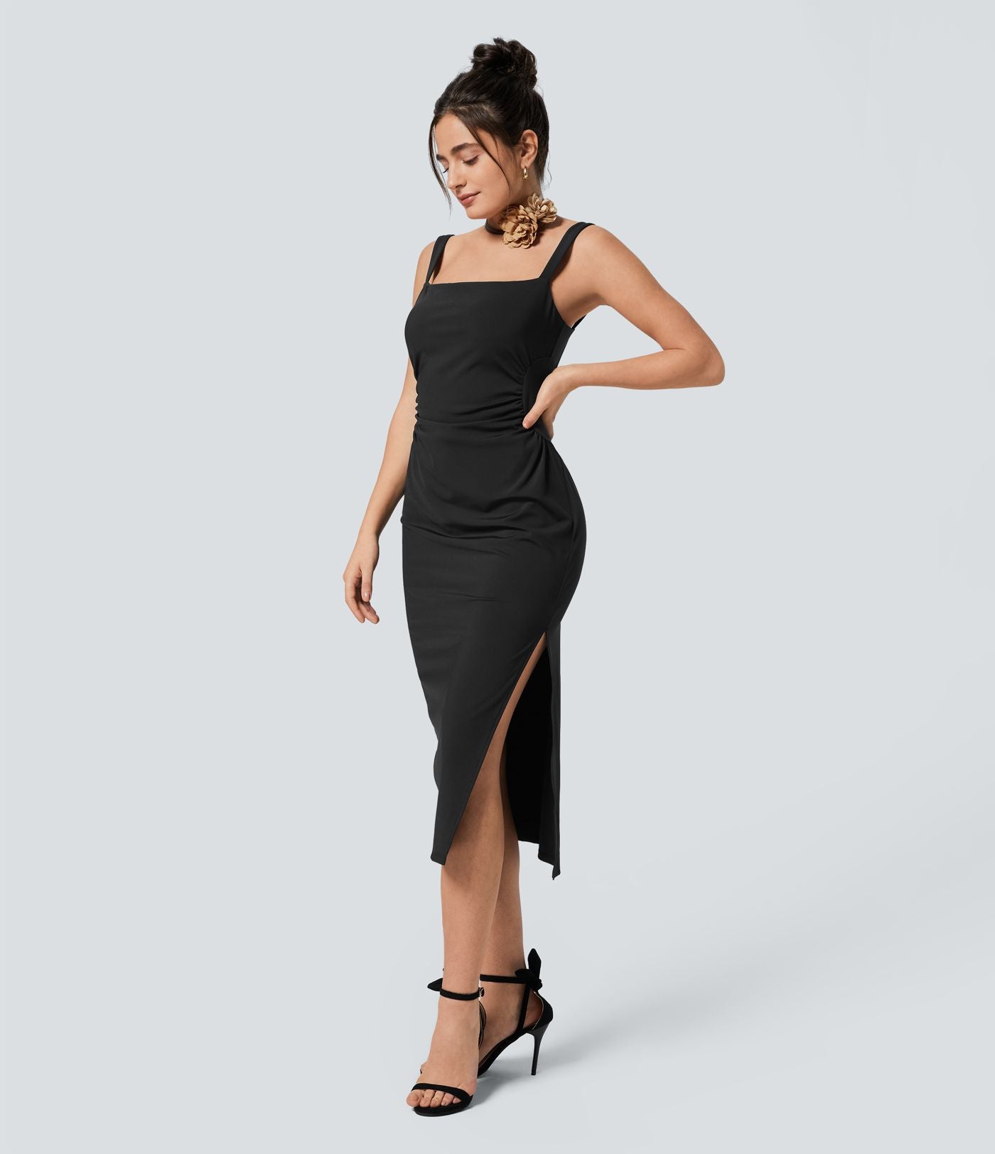Softlyzero™ Airy Robe Demoiselle d'Honneur Invitée de Mariage Col Carré Plissée et Fendue Toucher Frais Grande Taille