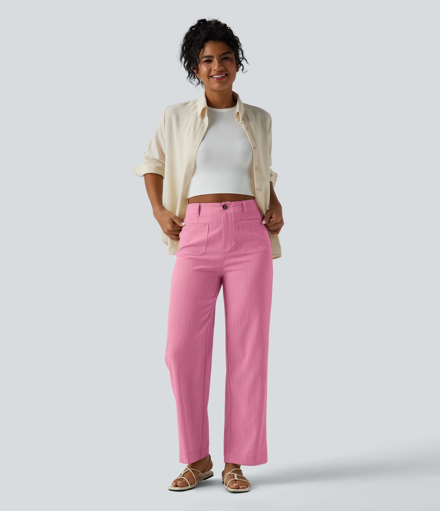 Pantalon taille haute coupe droite effet lin avec poches