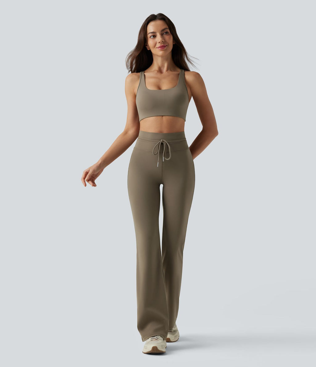 Pantalon de yoga évasé taille haute avec cordon de serrage uni et poches