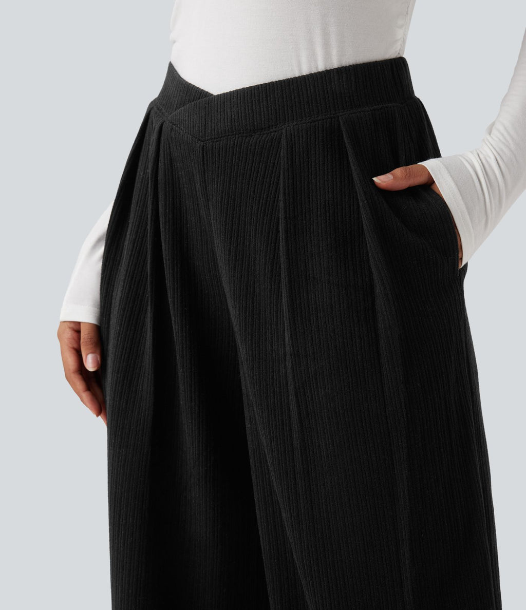 Pantalon décontracté droit côtelé, taille haute, avec poches et détail croisé
