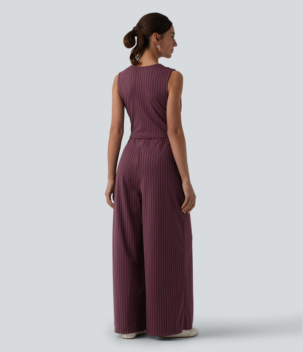 Combinaison tailleur col V sans manches à rayures et fronces avec poches - Easy Peasy