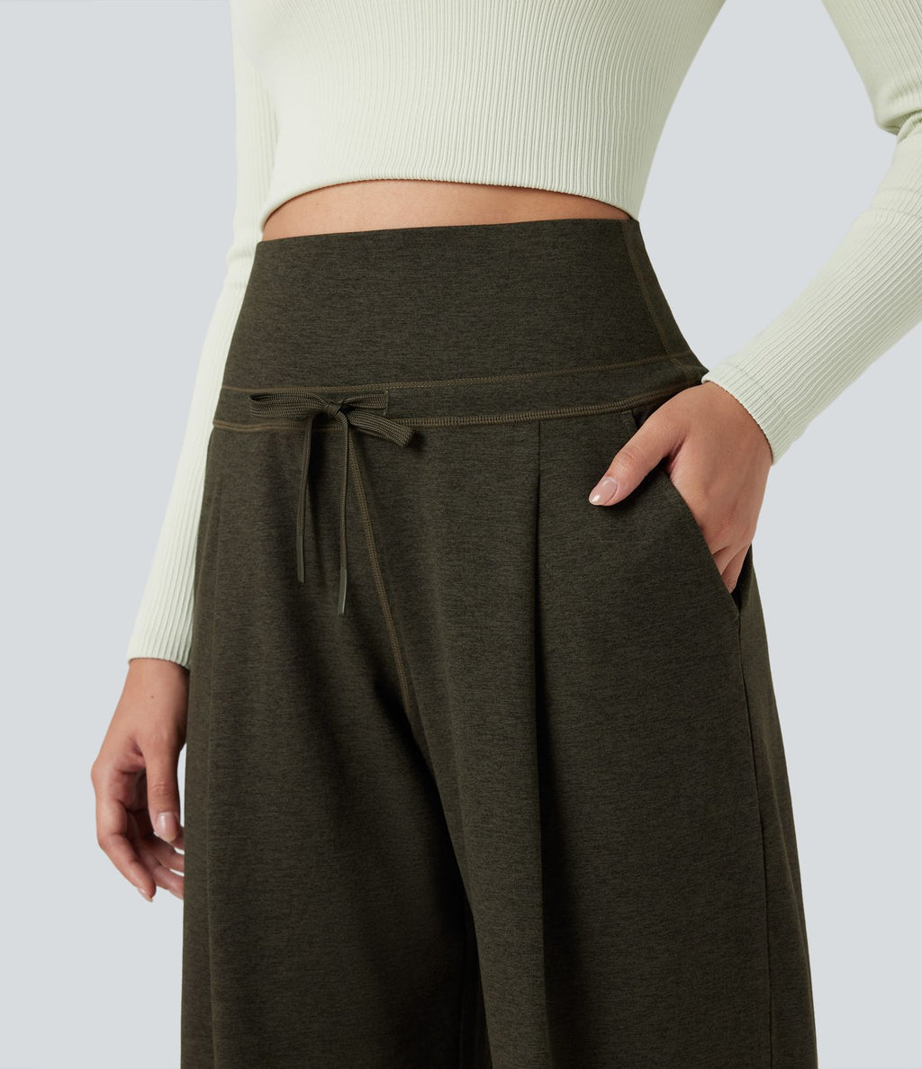 Pantalon jogging large thermique fluide chiné à rabat taille haute séchage rapide avec cordon de serrage et poches