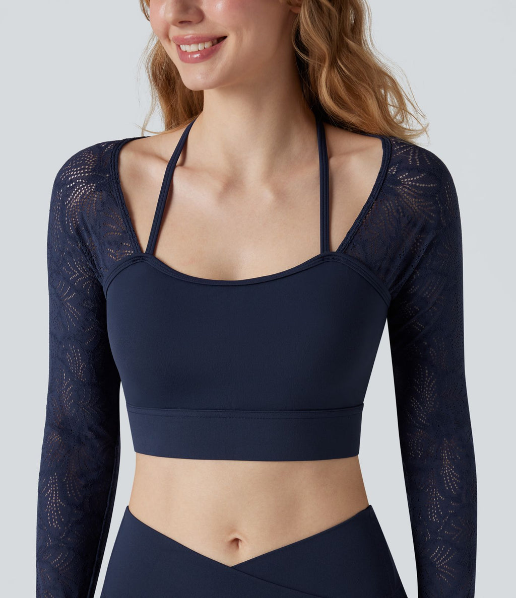 Top yoga court SoftlyZero™ dentelle contrastante dos nu manches longues avec trous pouces
