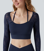 Top yoga court SoftlyZero™ dentelle contrastante dos nu manches longues avec trous pouces