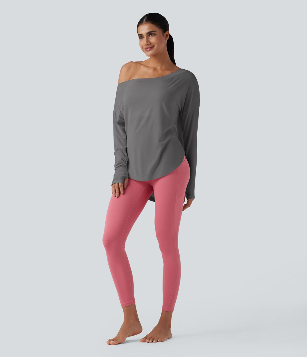 Top de sport yoga une épaule séchage rapide ourlet arrondi asymétrique manches longues avec trous pouces - Brassière intégrée