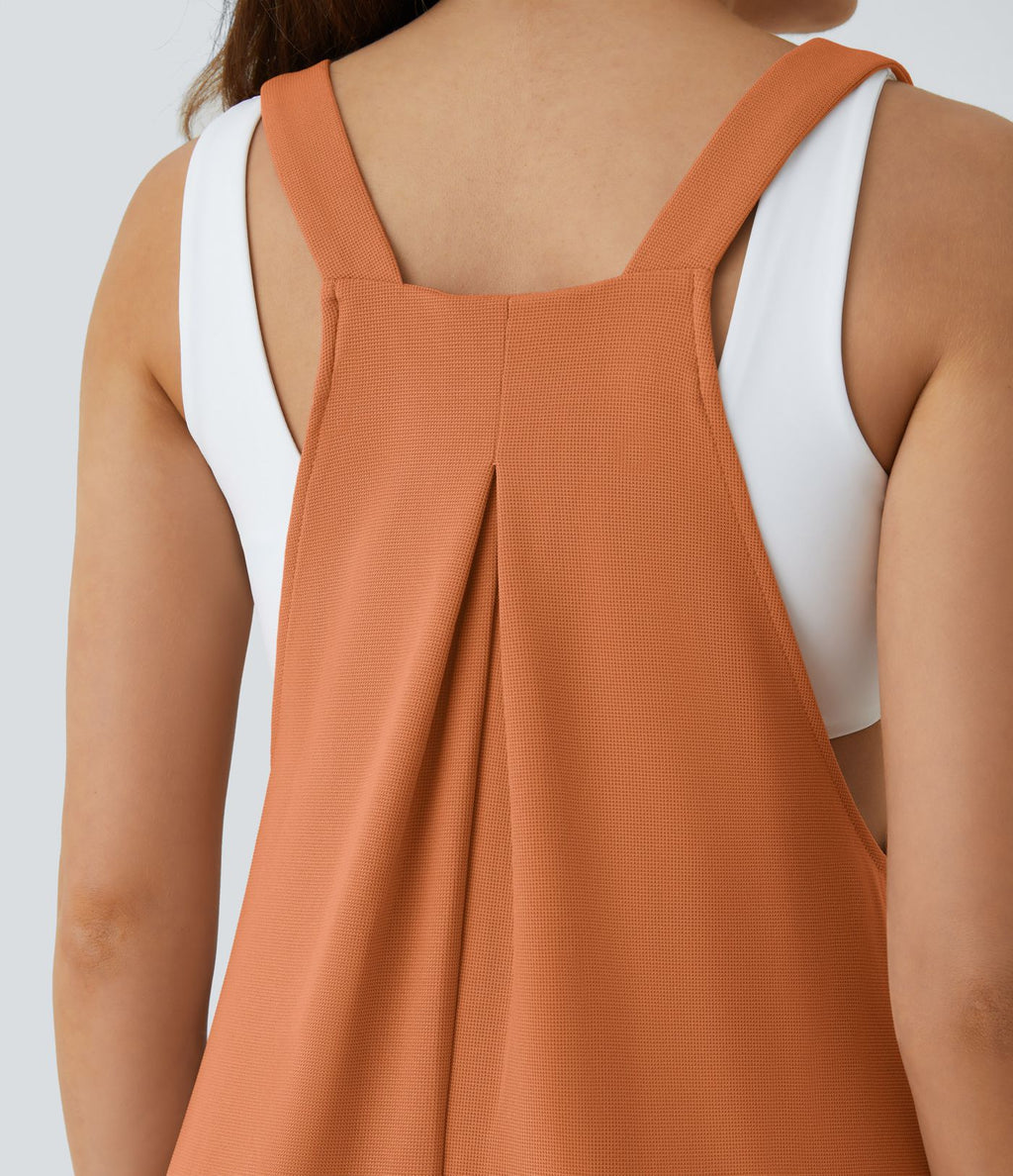 Salopette Casual Bretelles Ajustables Boutonnés Multiples Poches Plis et Tissu Gaufré