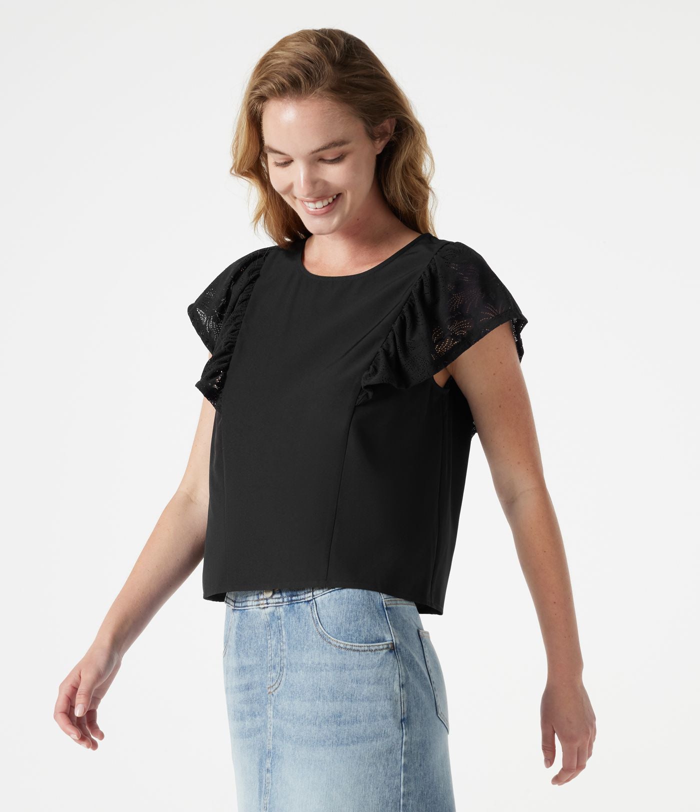 Blouse casual col rond avec découpe goutte d'eau au dos, dentelle contrastée et manches à volants