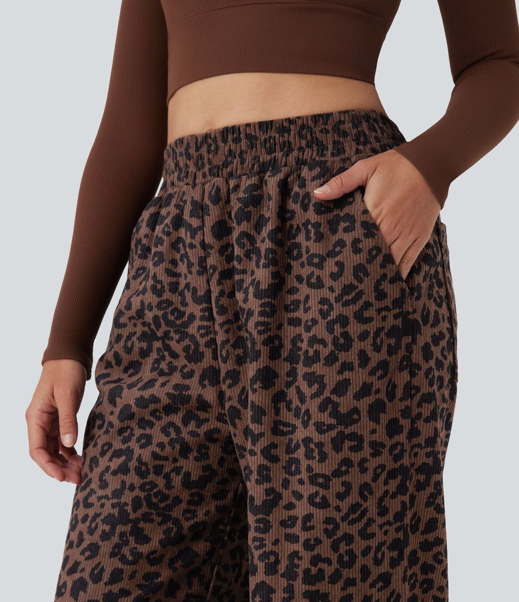 Pantalon léopard ample décontracté velours côtelé imprimé taille haute avec poches