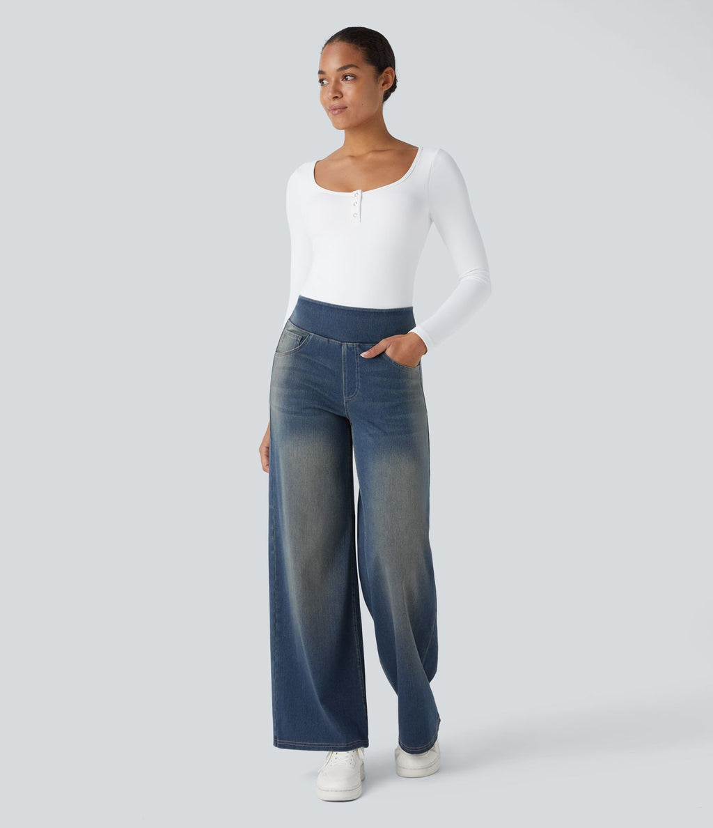 Halara Flex™ Jean Large Casual Taille Haute Poches Multiples Tricot Extensible Délavé