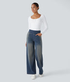 Halara Flex™ Jean Large Casual Taille Haute Poches Multiples Tricot Extensible Délavé