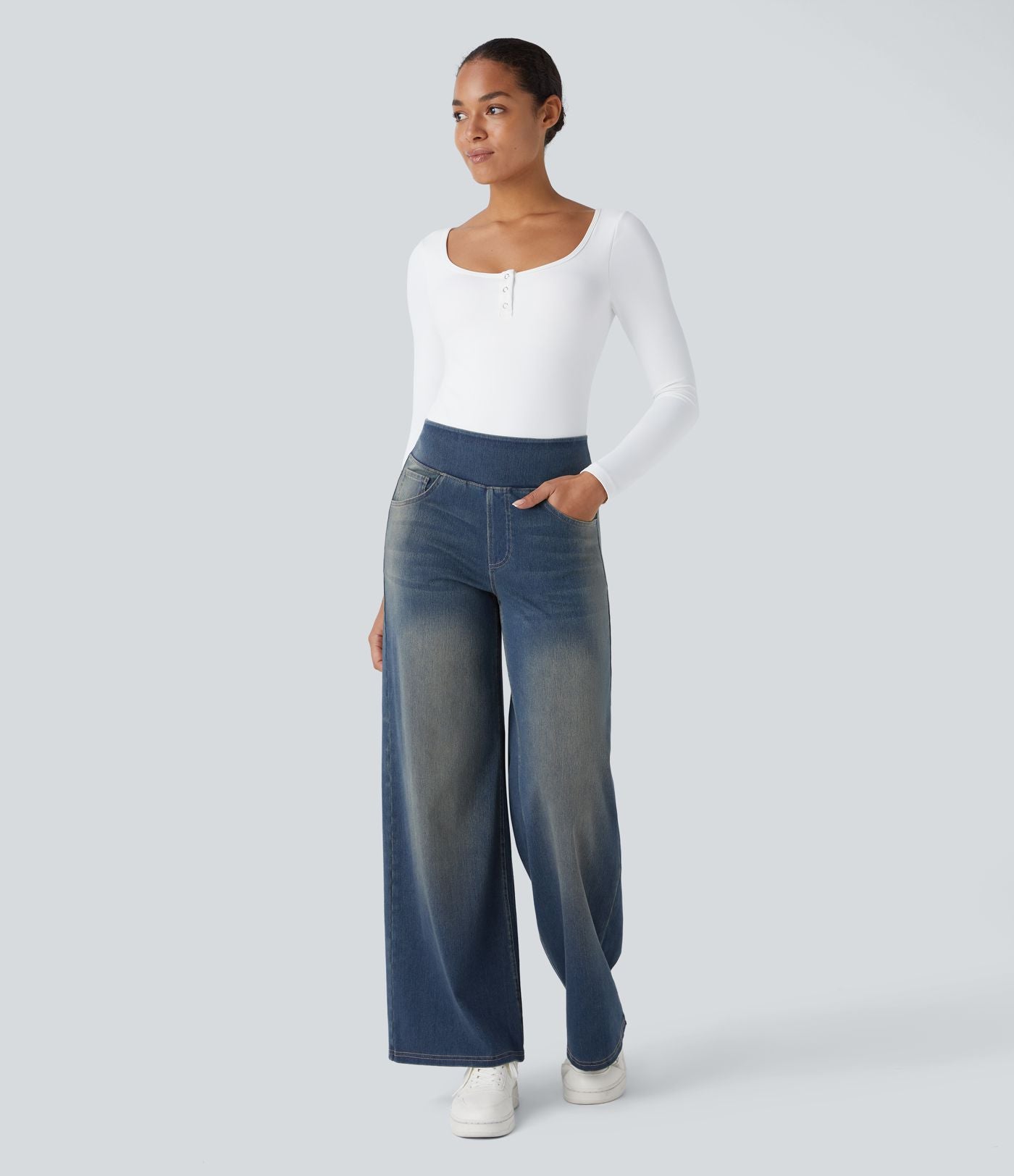 Halara Flex™ Jean Large Casual Taille Haute Poches Multiples Tricot Extensible Délavé
