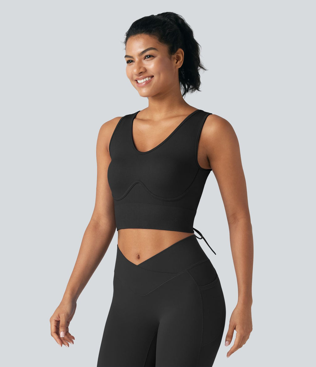 OneForm Seamless Flow Débardeur de yoga court col V avec brassière intégrée et laçage